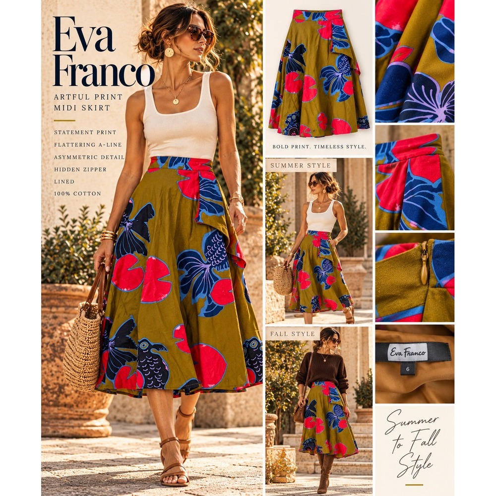 Eva Franco 6 Koi Fish Midi Skirt Whimsical Art Print Dopamine Dressing